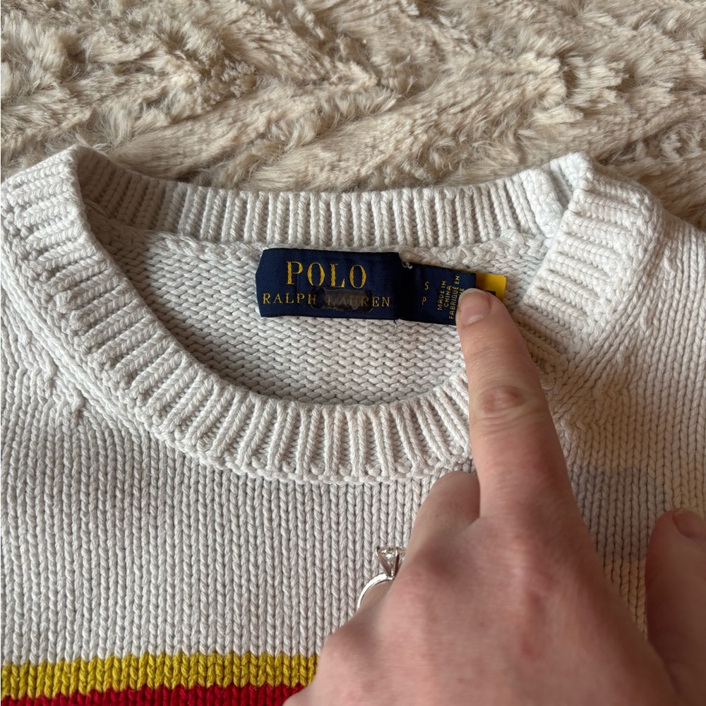 Polo by Ralph Lauren White Sweater with Red, Blue & Yellow Logo - Picture 3 of 5